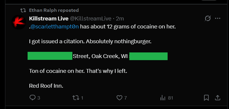 Ethan Ralph's currently snitching and doxing Wisconsin cocaine traffickers because he failed to sex traffic <a href="/scarletthampt0n/">Scarlett Hampton</a> and blackmail her into making porn.