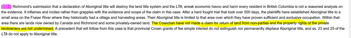 Theharo14's tweet photo. @KeithEremko @VancouverSun @TomTSEC Where though? The Cowichan never sought to challenge the validity of private title (other than the City of Richmonds - who obtained title by operation of statute from BC). The judge expressly says that private title isn't invalidated or disturbed. https://t.co/9yEMCWmsWD