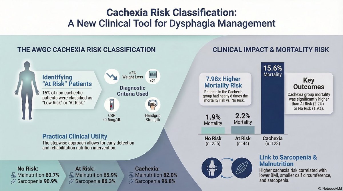 AWGC-based cachexia risk classification in dysphagia patients predicted mortality (~8× higher in cachexia) and was associated with sarcopenia and malnutrition. Early risk identification may guide rehabilitation nutrition.

clinicalnutritionespen.com/article/S2405-…

#IARN #RehabNutrition #Cachexia