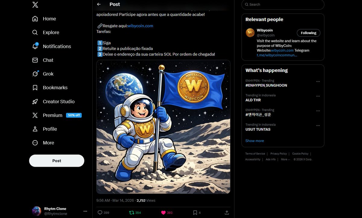Rhytmclone's tweet photo. @wibycoin Done all tasks! Following the growth of Wibycoin. Let's go to the moon together! 🚀✨

My SOL Wallet:  CHem2iLVCHbjdyvPPEXuJ23HK7vcpDTDJ52ydinybvbJ

thank you 🙏 https://t.co/wFoalnM2c0