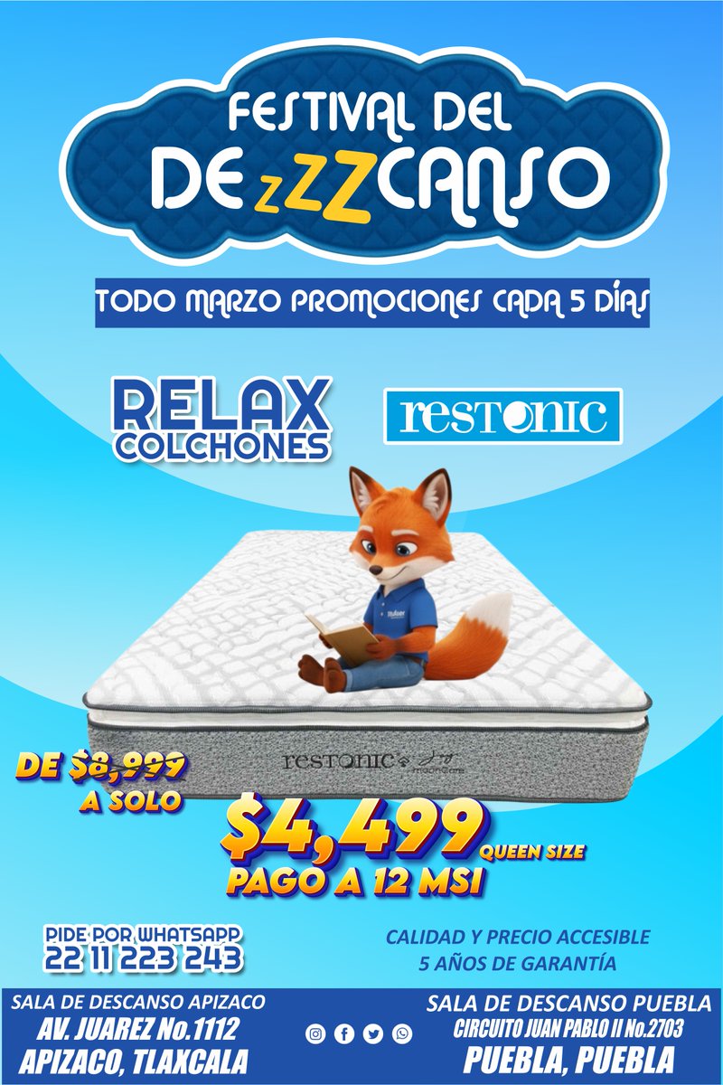 RelaxColchones's tweet photo. 🤩#FestivalDelDezzZcanso 😴
🦊¡Relaxín tiene una Recomendazzzión para ti!🛌𝙊𝙛𝙚𝙧𝙩𝙖𝙨 y 𝙋𝙧𝙤𝙢𝙤𝙘𝙞𝙤𝙣𝙚𝙨📣 de Festival hasta el 31 de Marzo

🛍️¡Estrena con #Aplazo o #KueskiPay ! Paga hasta en 6 Quincenas y cambia de #Colchon

📲 Envia WhatsApp: https://t.co/eJh7JM4mav https://t.co/cOAiGtLIbP