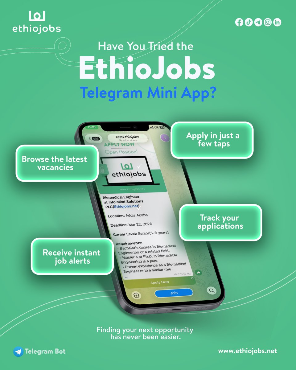 Ethiojobs's tweet photo. Have you tried the EthioJobs Telegram Mini App yet? 

You can now search and apply for jobs directly inside Telegram.

Finding your next opportunity has never been easier.
Open it now and start exploring : https://t.co/zBj7pqbqjT

#Ethiojobs #Ethiojobsbot #JobAlerts https://t.co/PzJ2FYW8xz