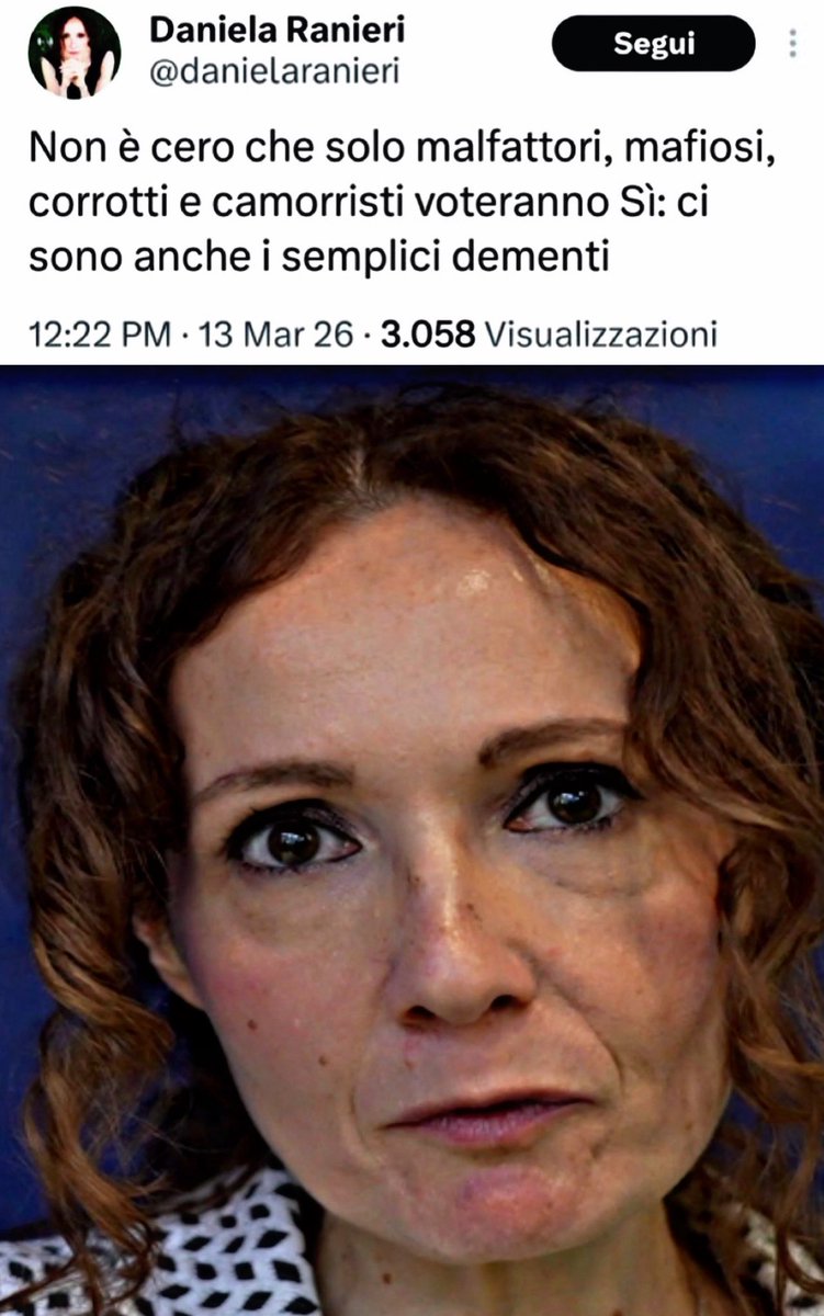 avila92796's tweet photo. Lei è la simpatica giornalista @danielaranieri che lavora per il @fattoquotidiano del padrone @marcotravaglio è ha fatto questo simpatico tweet:
"Non è cero che solo malfattori, mafiosi, corrotti e camorristi voteranno SI: ci sono sempre i semplici dementi."
#SIMPATICA https://t.co/Ms17zpcDDx