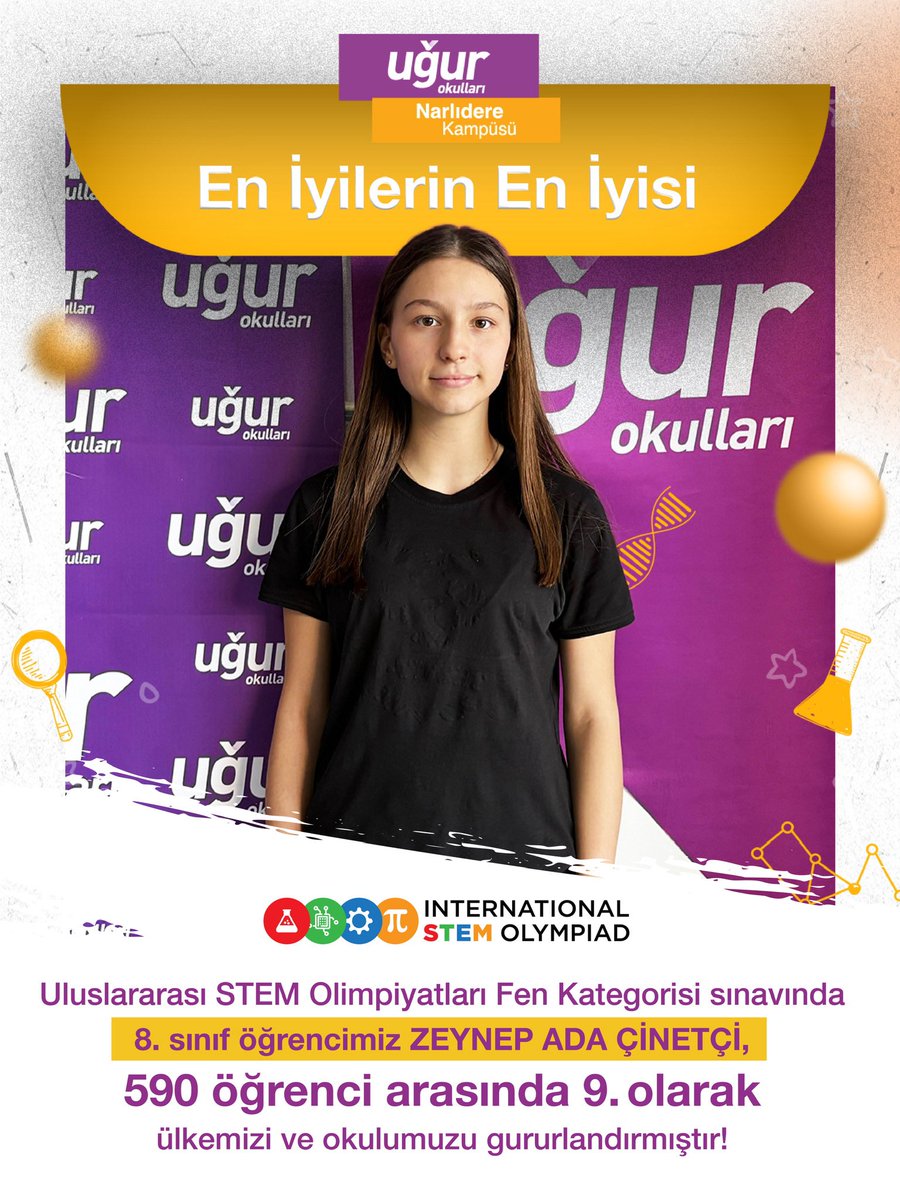 UONarlidere's tweet photo. EN İYİLERİN EN İYİSİ NARLIDERE KAMPÜS’TE! 
1 Mart 2026 Pazar günü online olarak yapılan Uluslararası STEM Olimpiyatları Fen Kategorisi sınavında Narlıdere Kampüsü 8.sınıf öğrencimiz Zeynep Ada Çinetçi, son aşama olan *“En İyilerin En İyisi” sınavında 590 öğrenci arasında büyük bir başarı elde ederek 9.olmuş, ülkemizi ve okulumuzu gururla temsil etmiştir. Öğrencimizi, emek veren öğretmenlerimizi ve velilerimizi tebrik ediyor, öğrencimizin başarılarının devamını diliyoruz. 

THE BEST OF THE BEST IS AT NARLIDERE CAMPUS!
In the International STEM Olympiad – Science Category, held online on Sunday, March 1, 2026, our 8th-grade student from Narlıdere Campus, Zeynep Ada Çinetçi, achieved a remarkable success.
In the final stage called “Best of the Best,” she ranked 9th among 590 students, proudly representing both our school and our country.
We congratulate our student, the dedicated teachers who supported her, and our parents, and we wish her continued success in the future.
#ugurokulları #ugurokullarınarlıdereakampüsü #stemolimpiyatları #stemeducation #eniyilerineniyisi