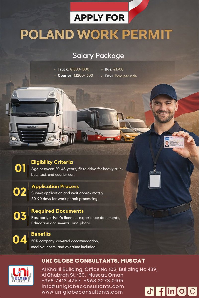 UniGlobeCo12597's tweet image. 🚛 Drive Your Career Forward in Europe – Poland Work Permit! 🇵🇱
Start your journey toward working and earning in Europe with the right guidance. 
📞 Contact us today to apply for the Poland Work Permit and secure your opportunity!
#PolandWorkPermit 🇵🇱 #WorkInEurope #DriverJob