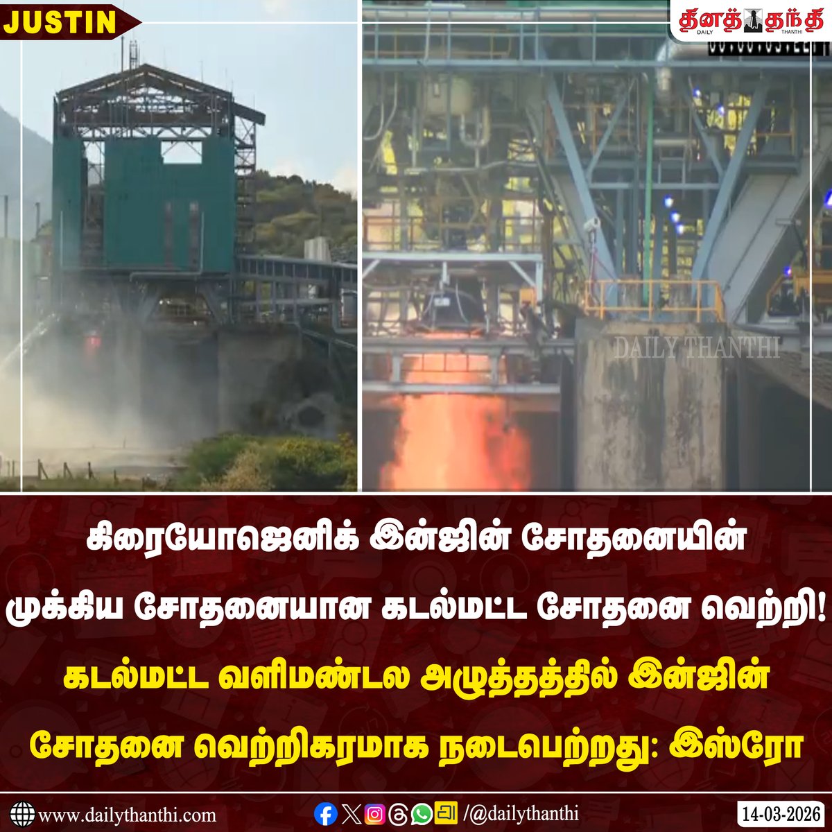 dinathanthi's tweet photo. #JUSTIN || கிரையோஜெனிக் இன்ஜின் சோதனையின் முக்கிய சோதனையான கடல்மட்ட சோதனை வெற்றி
கடல்மட்ட வளிமண்டல அழுத்தத்தில் இன்ஜின் சோதனை வெற்றிகரமாக நடைபெற்றது: இஸ்ரோ
நெல்லை மாவட்டம் மகேந்திரகிரியில் உள்ள திரவ எரிபொருள் மையத்தில் சோதனை நடைபெற்றது
#ISRO #CryogenicEngine #CE20 #SpaceTechnology #dailythanthi