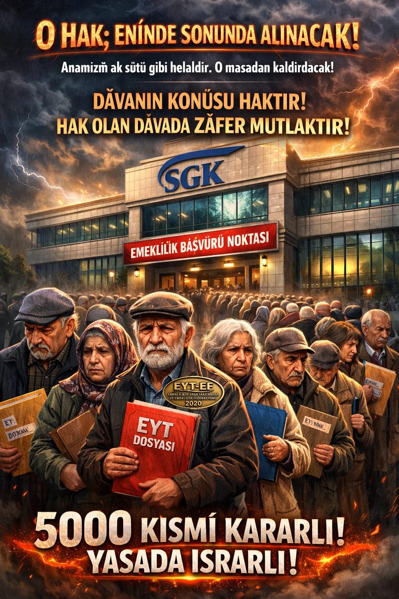 EYT
👇
#5000KısmiYasadaısrarlı

O Hak;
Eninde sonunda alınacak !

Anamızın ak sütü gibi helaldir.
O masadan kaldırılacak !

Davanın konusu HAKtır !
Hak olan davada zafer mutlaktır !

5000 Kısmi Kararlı !
Yasada Israrlı !

#EmekliKararlıSeçimdeısrarlı
<a href="/RTErdogan/">Recep Tayyip Erdoğan</a>
<a href="/isikhanvedat/">Prof. Dr. Vedat Işıkhan</a>