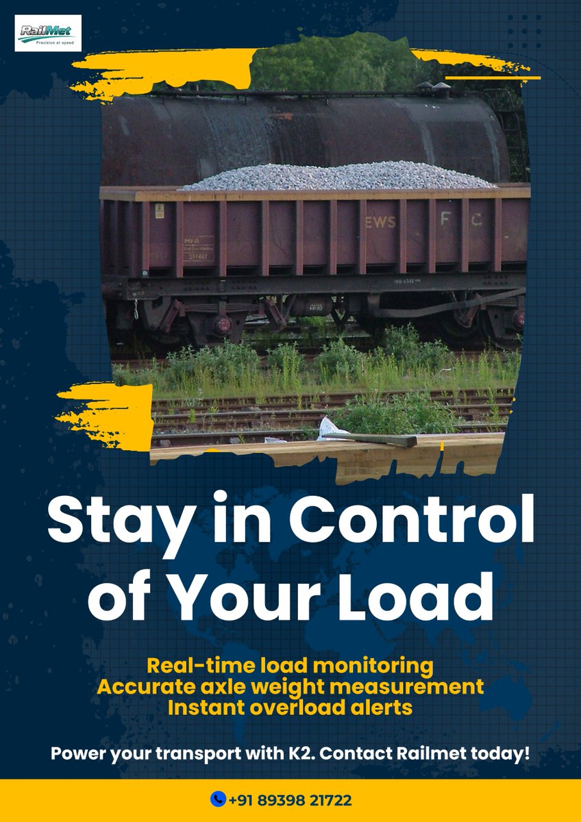 Railmet_Tech's tweet photo. Overloading risks? Not with K2 by Railmet. 🚛
Real-time load monitoring, accurate axle weight measurement, and instant overload alerts keep every wagon safe and compliant.
Follow Railmet on Facebook, Instagram, LinkedIn, YouTube &amp; X.
📞 +91 89398 21722
#Railmet #SmartRail https://t.co/niHQdj8bhn
