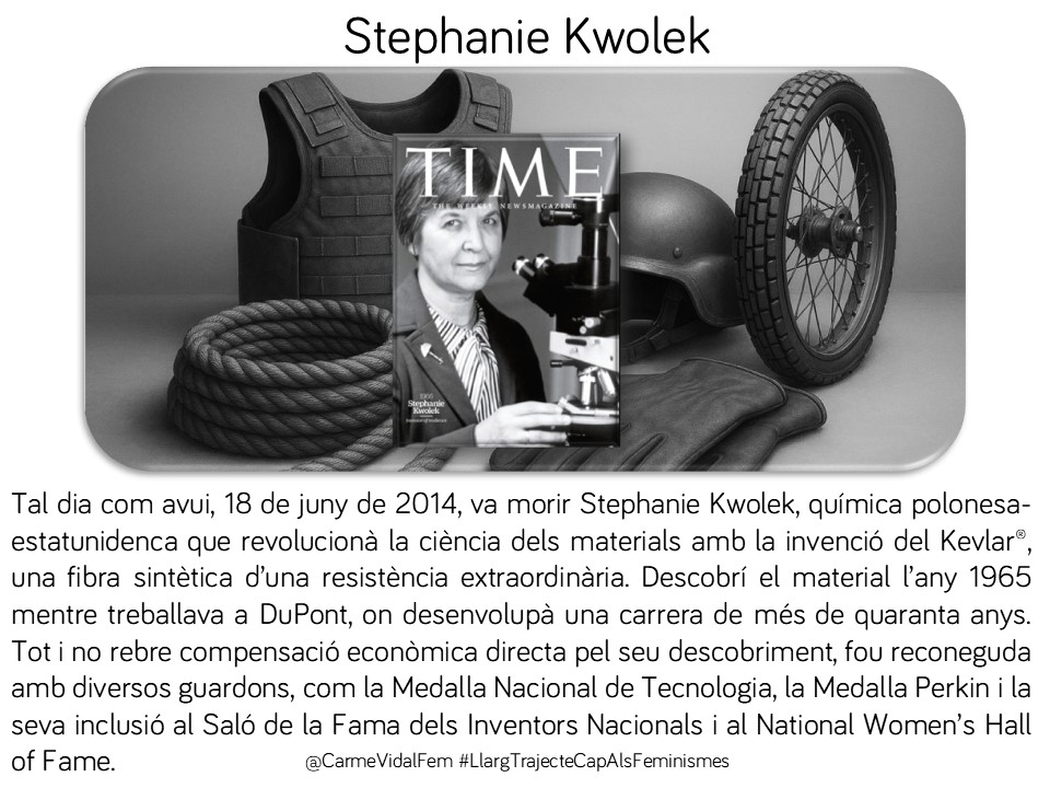 CarmeVidalFem's tweet photo. #taldiacomavui, 18 de juny de 2014, va morir Stephanie Kwolek, inventora del #Kevlar®  Va revolucionar la ciència dels materials amb una fibra ultrarresistent #científiques #tecnologia #feminismes #inventores #capdonaenoblit 🇺🇸 https://t.co/nhuS7CbTkB