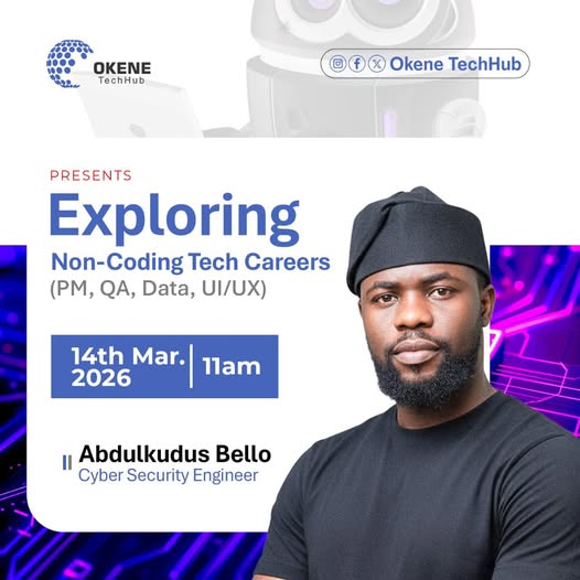 OkeneTechhub's tweet photo. 𝐇𝐚𝐩𝐩𝐞𝐧𝐢𝐧𝐠 𝐓𝐨𝐝𝐚𝐲

Still wondering how to enter tech without coding?

​Join Okene TechHub as we host Abdulkudus Bello, Cybersecurity Engineer at Emerging Africa Group, for a practical session on:

​Exploring Non-Coding Tech Careers https://t.co/ms2EN8FEWT