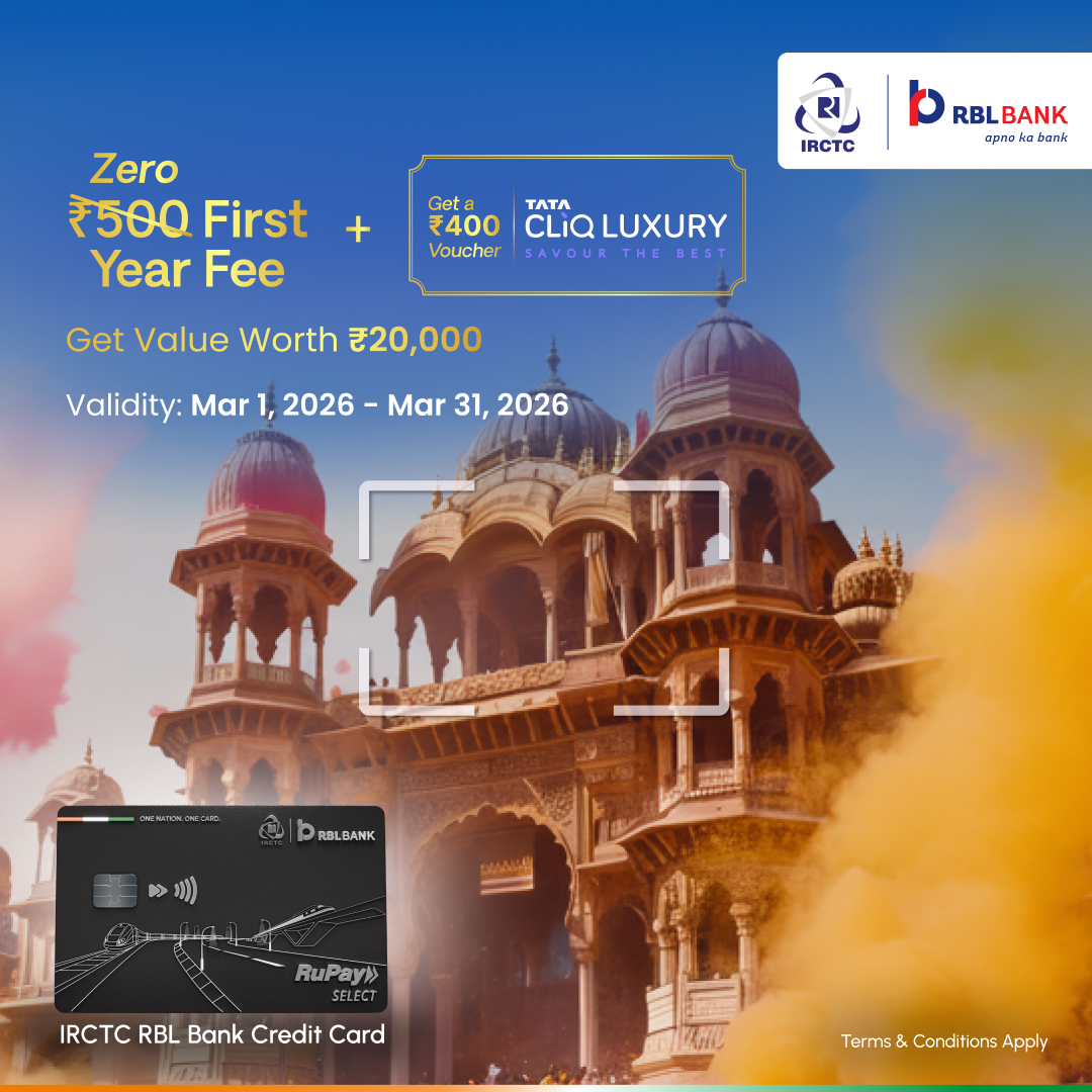 IRCTCofficial's tweet photo. In a season of colour and celebration, begin grand!
Enjoy Zero First Year Fee and a βΉ400 TATA CLiQ Luxury Voucher with your IRCTC RBL Bank Credit Card.
Click here to Apply Now: https://t.co/8MDeiEFdsn
#IndiaAllAboard #TrueTravelCard #RBLBank #ApnoKaBank #IRCTC #CreditCard #Rupay
@rblbank