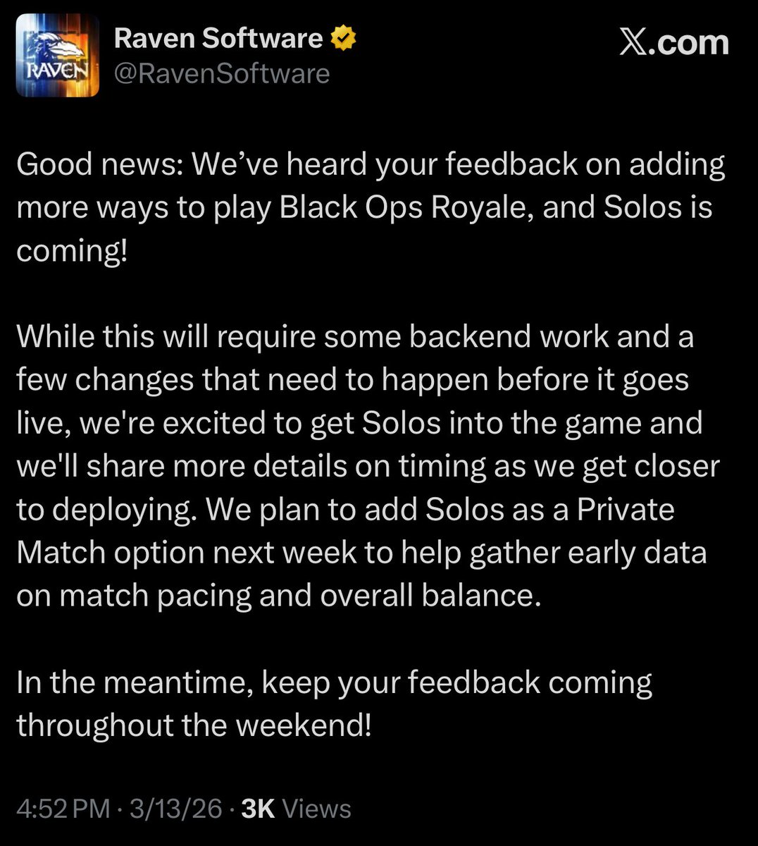 GNGWarzone's tweet image. Raven Software have said that Solo's are coming to Call of Duty: Black Ops Royale.

They have also stated that it'll "require some backend work... We'll share more details on timing as we get closer to deploying".

Doesn't sound like it'll be any time soon.
