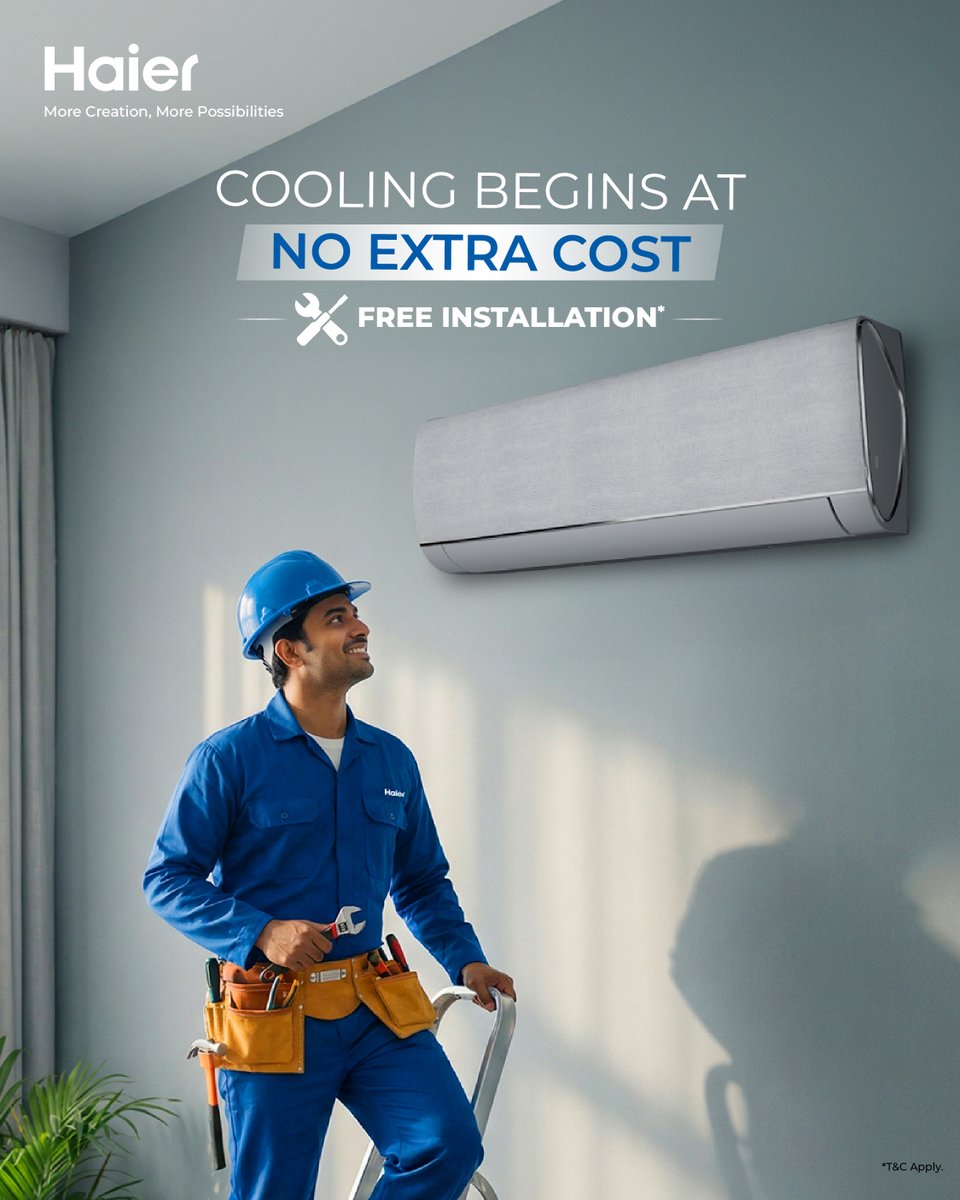 IndiaHaier's tweet image. Your comfort shouldn’t come with hidden costs.
Enjoy powerful Haier cooling with free installation.

*T&amp;amp;C apply.

#Haier #MoreCreationMorePossibilities #AC