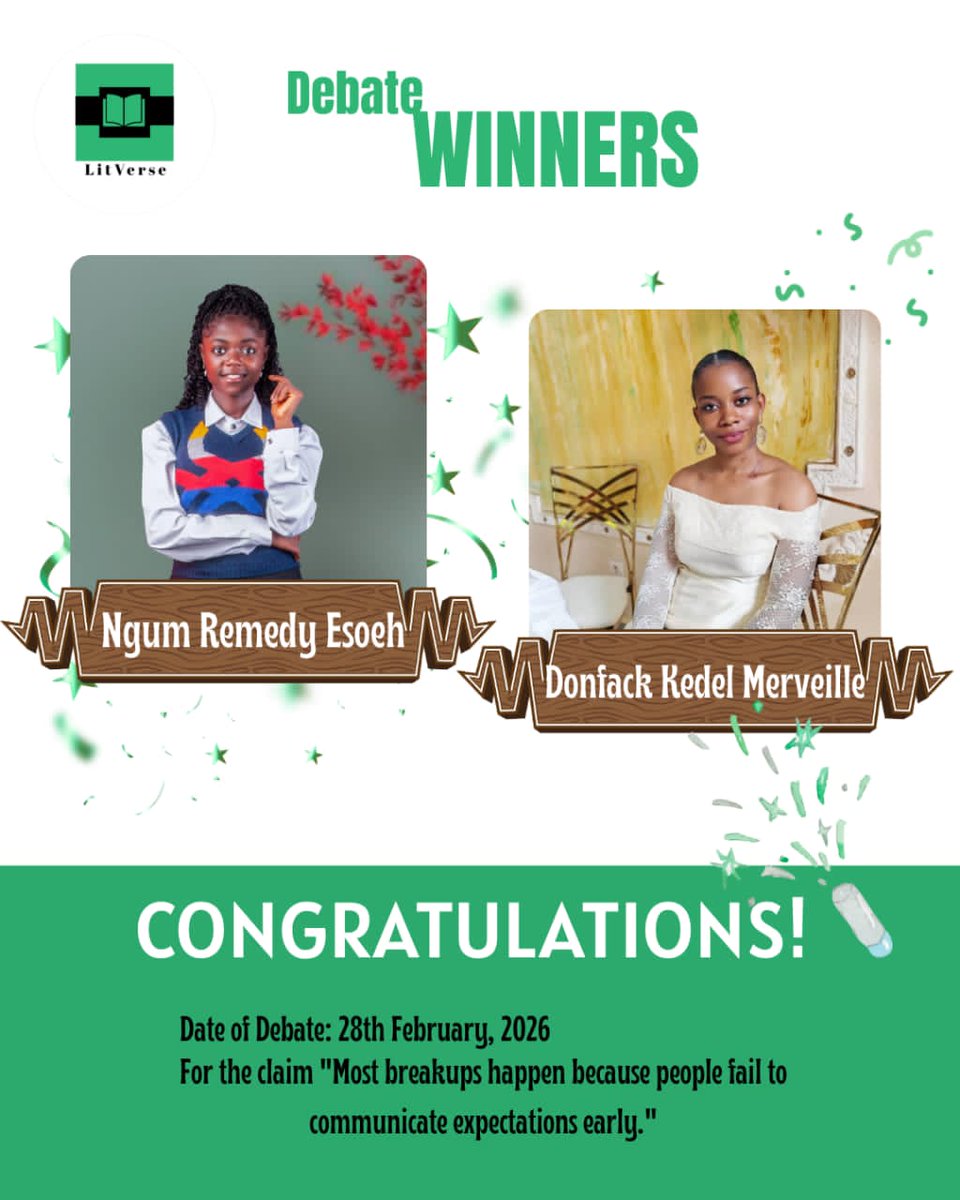 litverse22's tweet photo. Let's give it up for the winners of our previous debate 💚🪄

They successfully convinced us that more breakups happen because people fail to communicate their expectations early. 🪄👌🏽 https://t.co/h93eta95pm