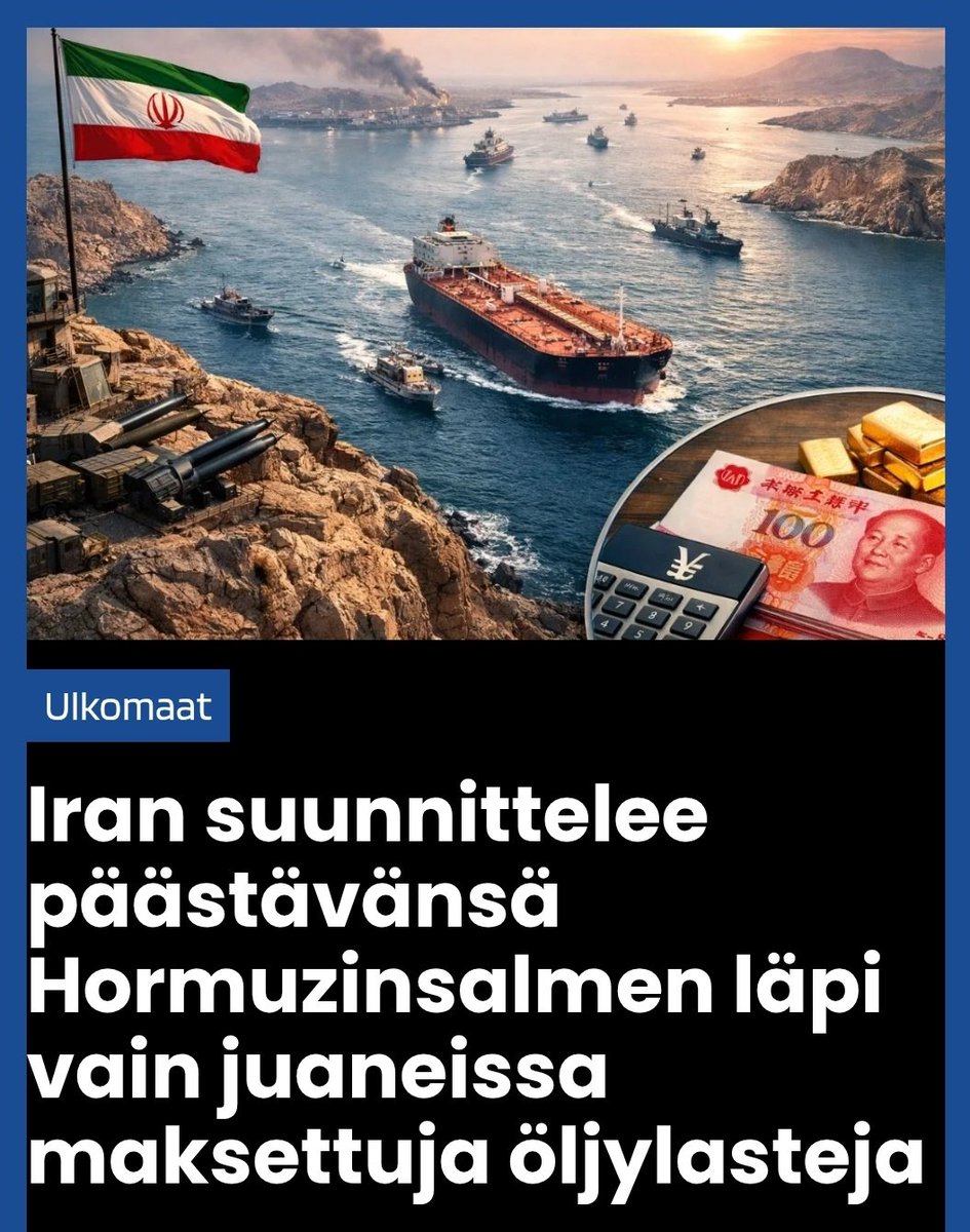 Teheran pohtii sallivansa osan öljytankkereista Hormuzinsalmen läpi vain, jos niiden lasti myydään dollarin sijaan Kiinan juaneissa.

verkkosanomat.com/ulkomaat/iran-…