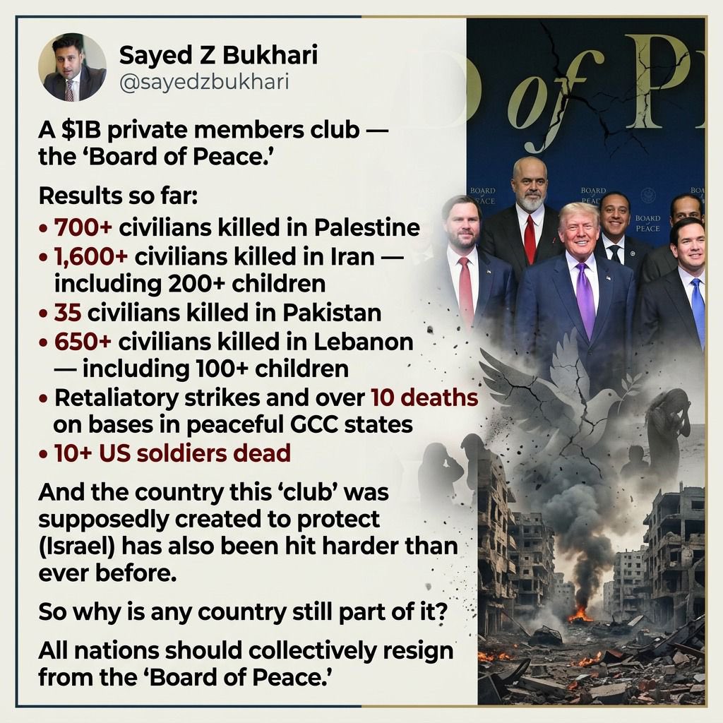 A billion-dollar alliance claiming to fight for peace, yet leaving devastation behind.

The toll so far:
• More than 700 civilians killed in Palestine.
• Over 1,600 civilians killed in Iran, including 200+ children.
• 35 civilians killed in Pakistan.
• More than 650 civilians