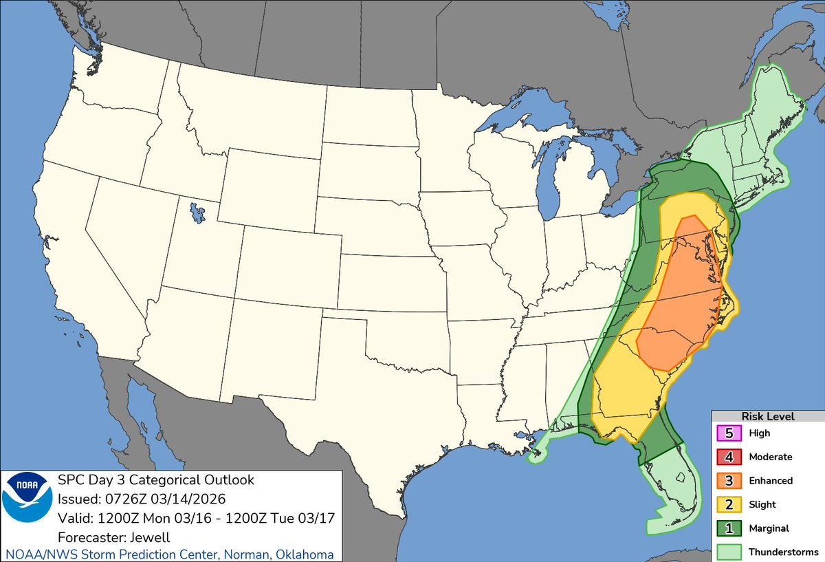 2:28am CDT #SPC Day3 Outlook Enhanced Risk: over much of the Carolinas, Virginia, and extending northward into southern Pennsylvania spc.noaa.gov/products/outlo…