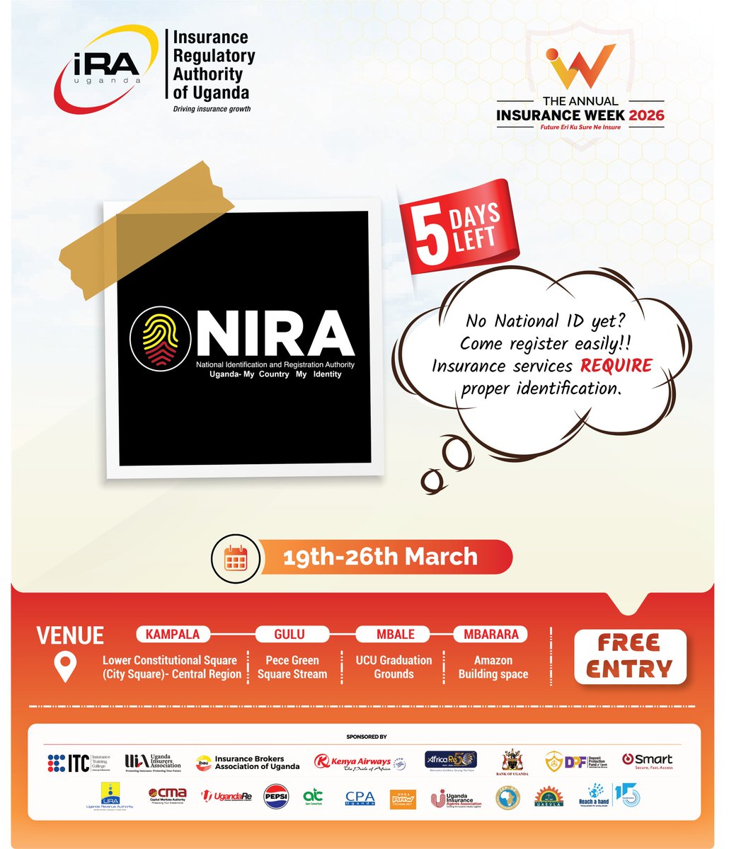 No National ID yet? No stress! 

Swing by #InsuranceWeek2026 and get your identification sorted by <a href="/NIRA_Ug/">NIRA</a> 
Insurance services start with proper identification...we’ve got you covered.

🗓️ 19th – 26th March
🎟️ FREE ENTRY