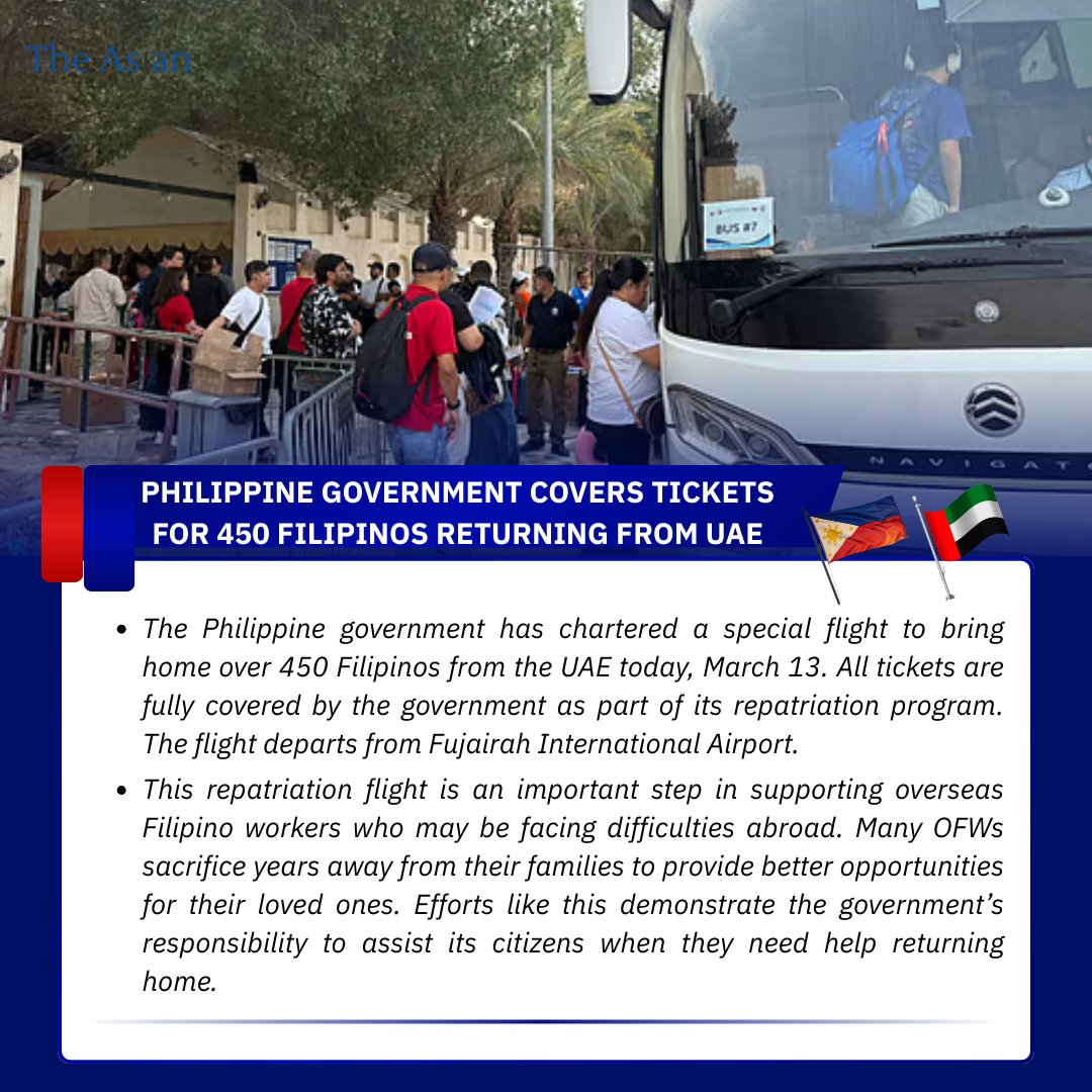 AsianAffairs11's tweet photo. A government-funded charter flight will fly more than 450 Filipinos from the UAE back to the Philippines today. The special repatriation flight will depart from Fujairah International Airport.
#Philippines #OFWSupport #Repatriation #UAEFilipinos #OverseasWorkers #NewsUpdate https://t.co/OHfdng6Yt3