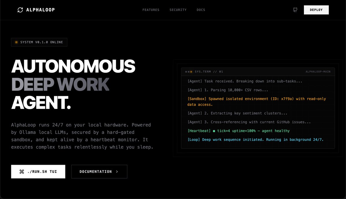 MarkChenNext's tweet photo. Introducing AlphaLoop - An Autonomous Deep Work Agent with built-in sandbox, local first model support and native MCP interfaces.

#agent #autonomousai #deepwork

Check it out at https://t.co/ZNze5jPm4M https://t.co/Rt0mEcFj1p