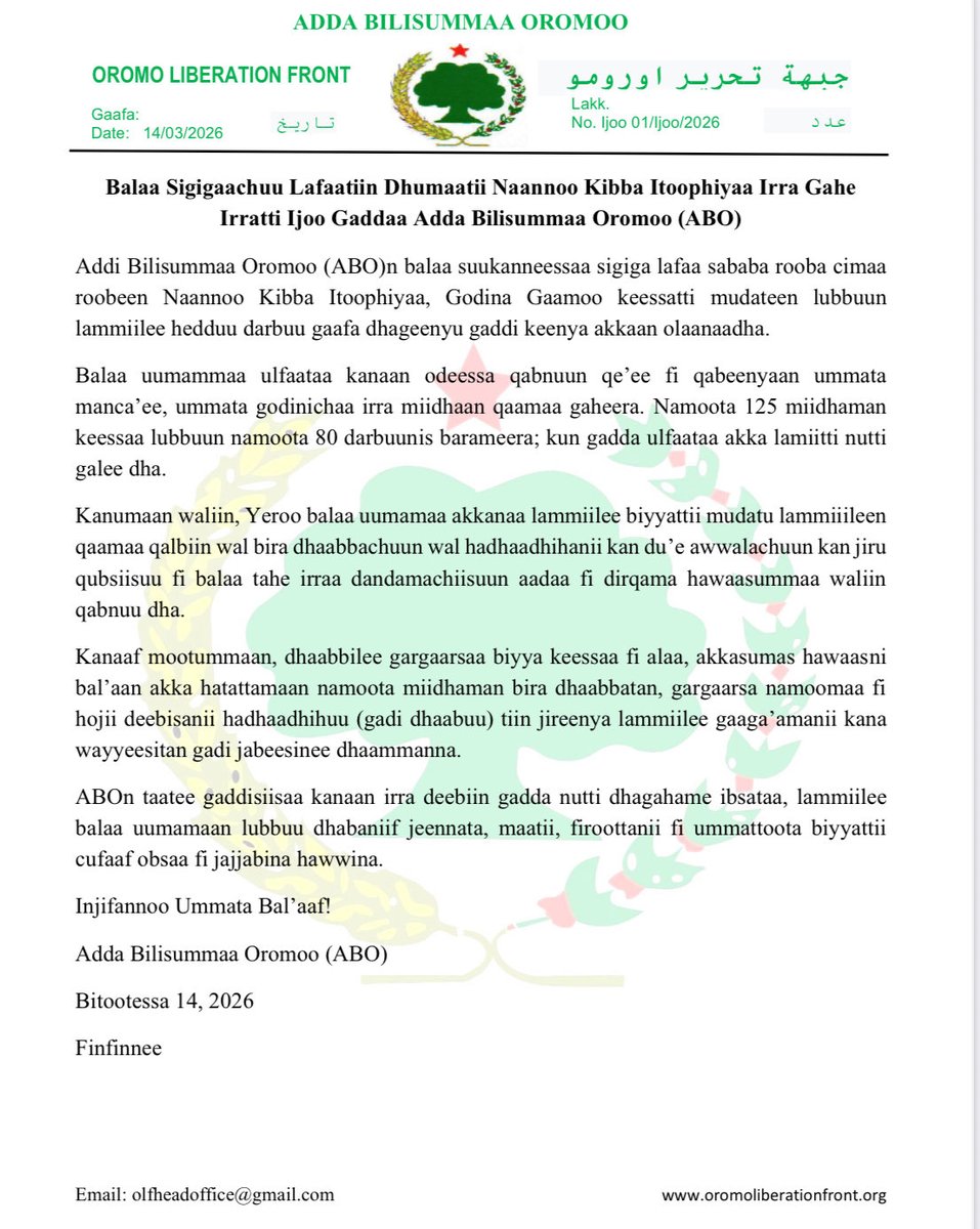 LammiiGammachu5's tweet photo. Balaa Sigigaachuu Lafaatiin Dhumaatii Naannoo Kibba Itoophiyaa Irra Gahe Irratti Ijoo Gaddaa Adda Bilisummaa Oromoo (ABO) https://t.co/jq7JYVDWve