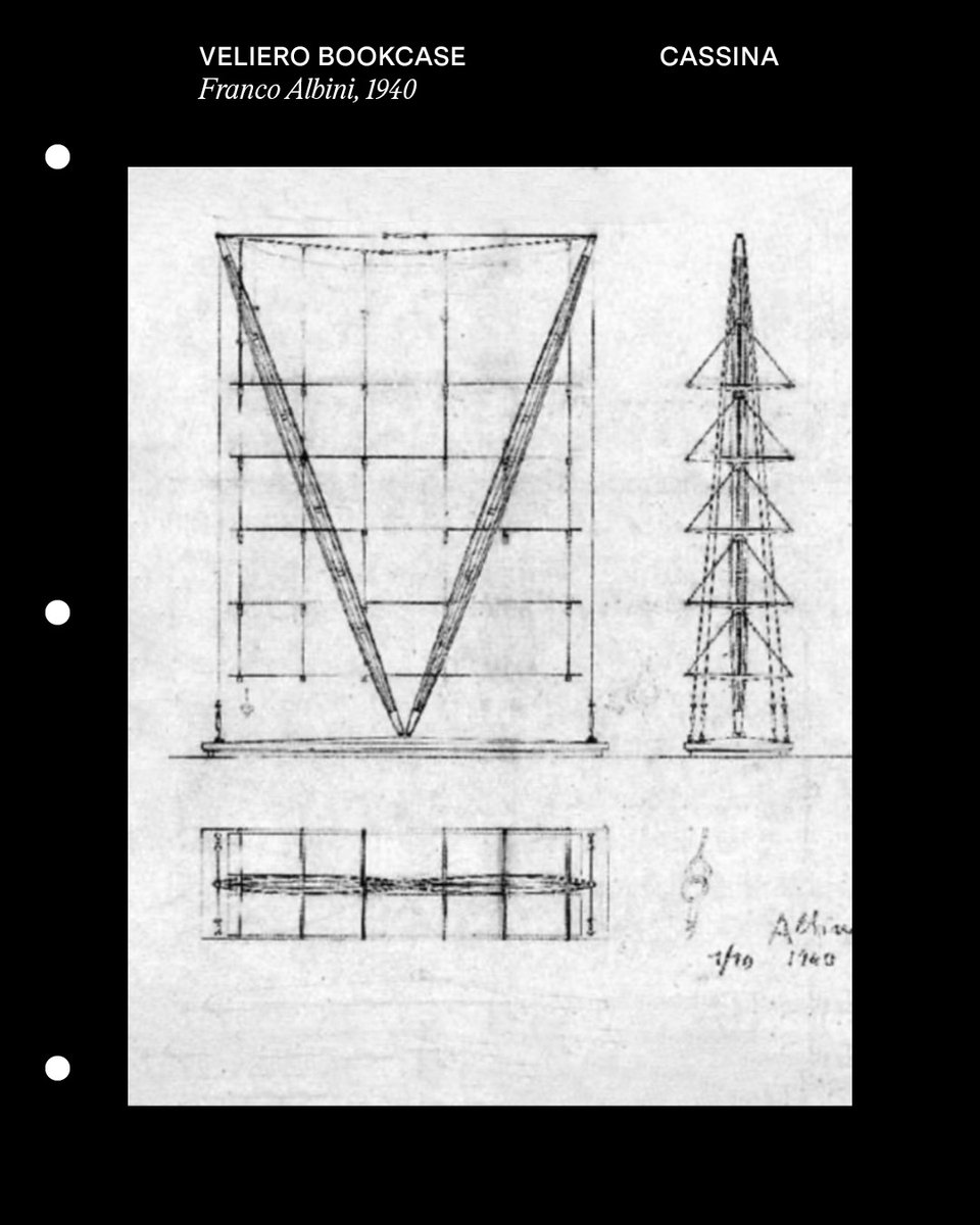 Franco Albini'nin 1940 yılında Milano'daki evine özel tasarladığı Veliero, fizik kurallarını hiçe sayan ve denge koşulları hakkında bildiklerimizin ötesine geçen bir kitaplık. Albini'nin yenilikçi ve işlevsel mobilyalar yaratma becerisinin kanıtı olarak, üzerine yerleştirilen