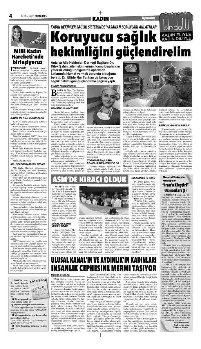bindalliokur's tweet photo. 🗞️ Aydınlık Bindallı' da bugün,

🔸 Koruyucu sağlık hekimliğini güçlendirelim,
🔸Milli Kadın hareketinde birleşiyoruz
🔸Ulusal Kanal' ın ve Aydınlık' ın kadınları insanlık cephesine mermi taşıyor 

https://t.co/B4bgQ9dpOD https://t.co/Zs2GdpT4A1