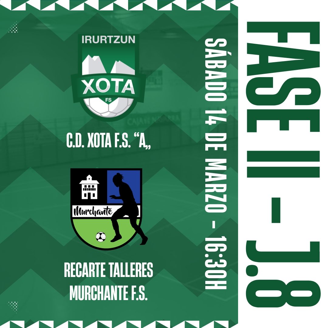 🔹▫️Fase II - J.8▫️🔹

👥 C.D. Xota F.S. “A” 🆚 Recarte Talleres Murchante F.S.

 🗓 Sáb. 14 mar.
🕦 16:30h.
📍Pabellón Atakondoa (Irurtzun)

ℹ️ Por cuestiones organizativas se retrasa la Jornada 6, y se adelanta la Jornada 8 🤝🏽

#RecarteTalleres #Liga #Fase2