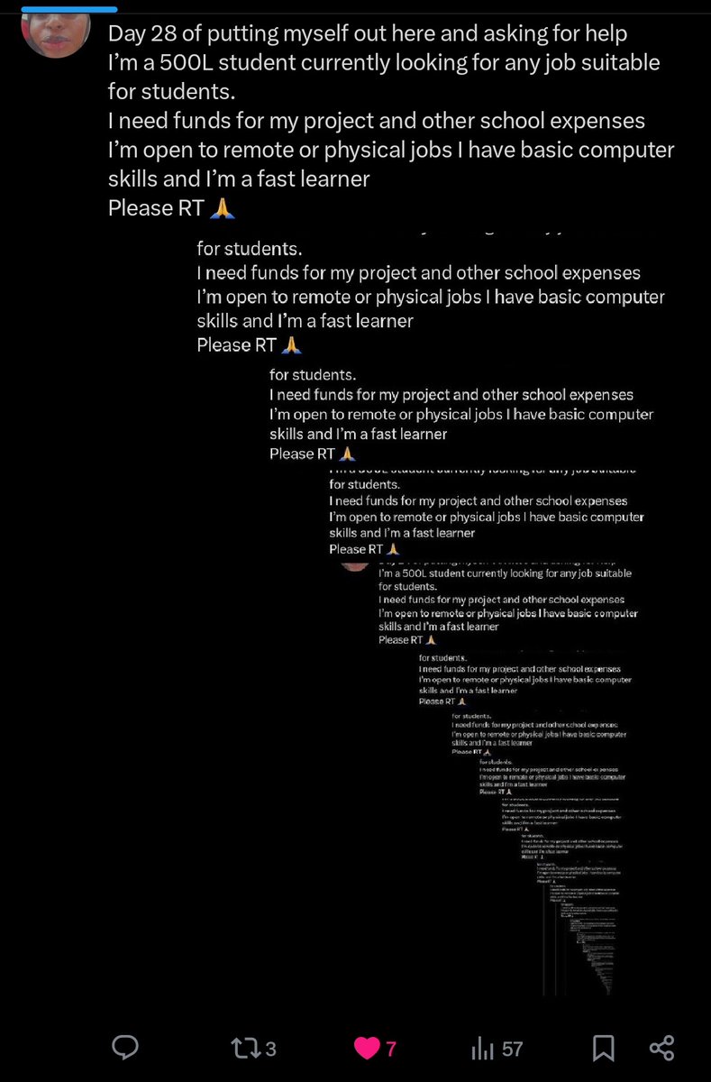 Day 29 of putting myself out here and asking for help
I’m a 500L student currently looking for any job suitable for students.
I need funds for my project and other school expenses
I’m open to remote or physical jobs I have basic computer skills and I’m a fast learner
Please RT 🙏