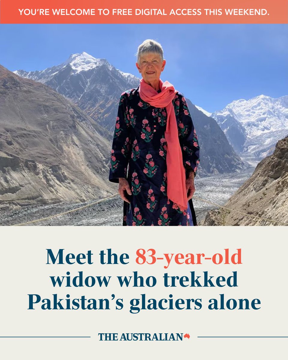 australian's tweet photo. Laurie Grimwade is 83, a widow and recently hiked up a glacier in Pakistan. She is one of a growing trend of baby boomers and Gen X women heading off on solo or female-only overseas adventures. Read the full story: https://t.co/sBK4YqaE6y https://t.co/69qgPoDXYk