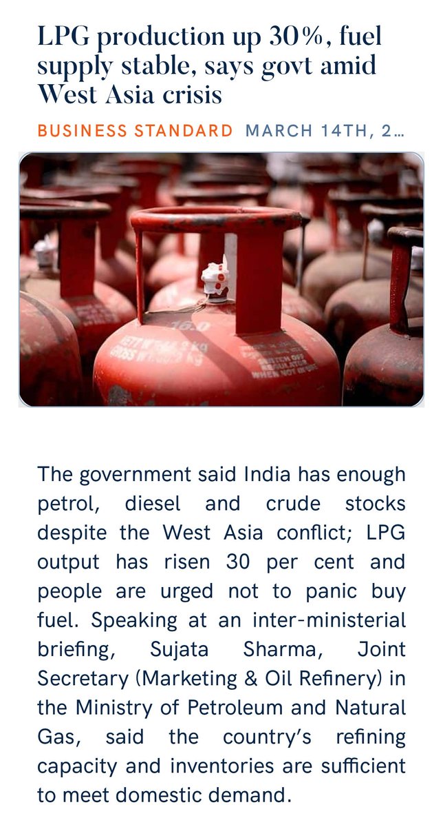 LPG production up 30%, fuel supply stable, says govt amid West Asia crisis
business-standard.com/india-news/ind… 
via NaMo App