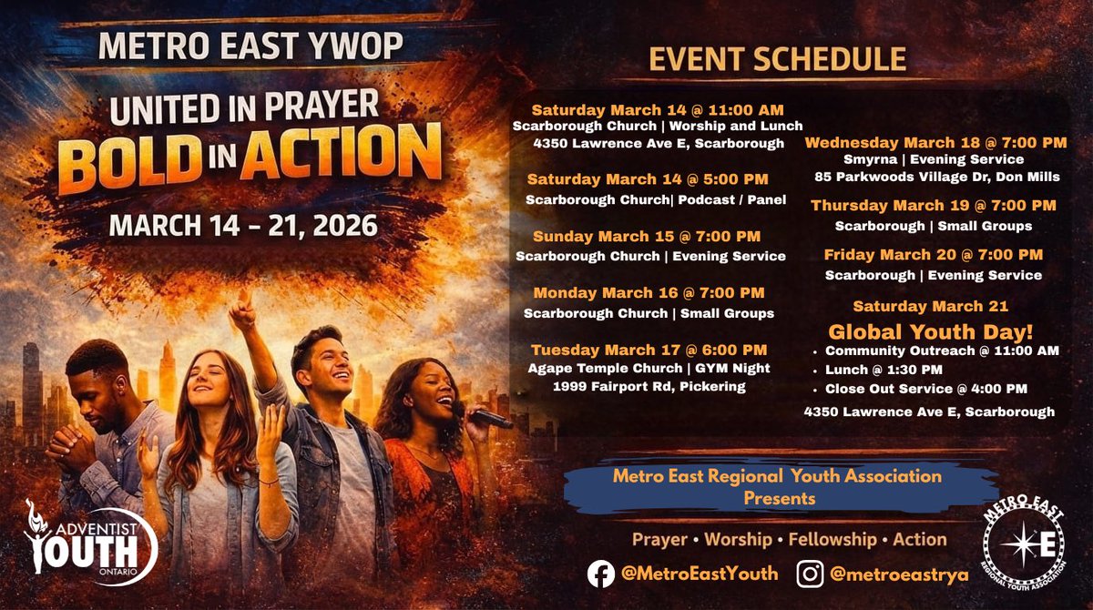 SDAShilohTO's tweet photo. Nous vous invitons de nous joindre cette semaine pour prier &amp; adorer notre Seigneur

Please join us today 4 #Worship &amp; #Fellowship lunch

@MetroEastRYA kicks off wk filled with #Worship 
#Prayer
#Praise
#Music
#Fun

Sermon: "The Dark Night: When the Sun Had Set!"
@ScarboroughSDA https://t.co/KYVEEJ3wHG