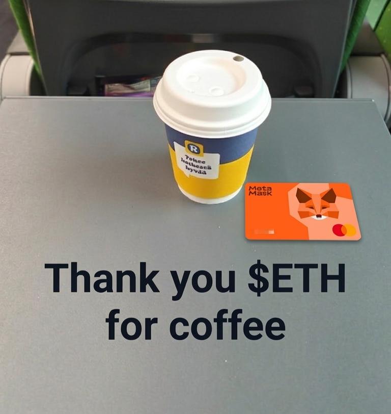 Kaikumakami's tweet photo. On my way to home city, but before boarding on the train, I had to try #MetaMask card, virtual one obviously.
Thank you #EtherToken for the coffee β
Check out also what is going on at #WALPHA and connect with @kreator_nobot and @niklasconcept7 https://t.co/9PIRfK82PN