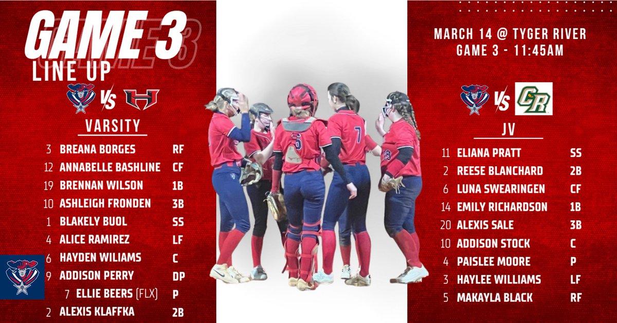 AlaSoftball's tweet photo. Getting ready for a great day in Tyger River! Here are your starting Line Ups for JV &amp; Varsity. Both teams to play at 11:45. JV vs. Catawba Ridge, Varsity vs. Hillcrest. Let's get 'em girls! https://t.co/xCXkdoAHlj