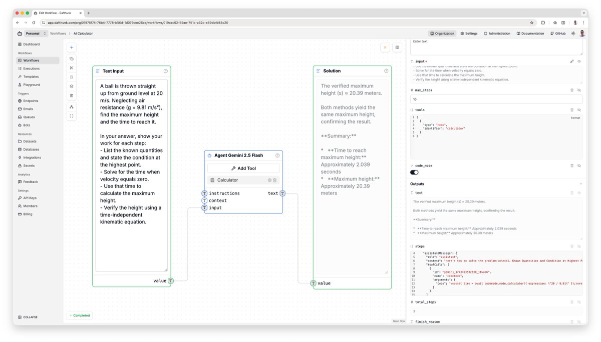 🎉 Just got accepted into <a href="/Cloudflare/">Cloudflare</a>'s Worker Loader API beta.

Codemode lets the LLM skip the one-tool-at-a-time loop and write code instead. The integration in Dafthunk was just straightforward and my agentic node can now call tools with code.

Can't wait to get accepted in