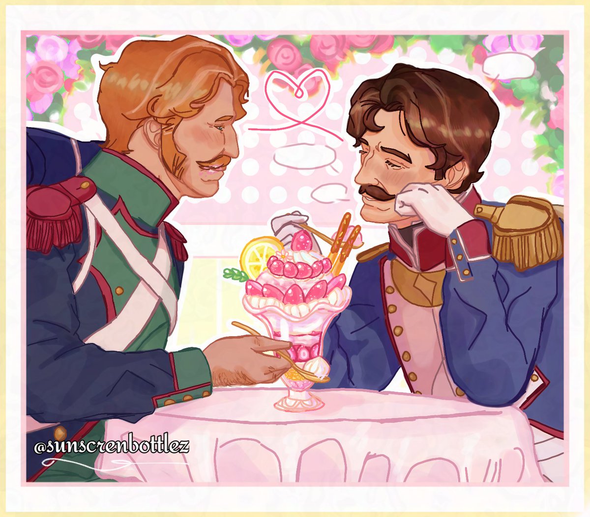 sunscrenbottlez's tweet photo. Waiter, another parfrait for the ginger's fatass! /Jokes aside, they're having a romantic date🌺 #gnb #gutsandblackpowder #roblox https://t.co/HsEQA9M1wF