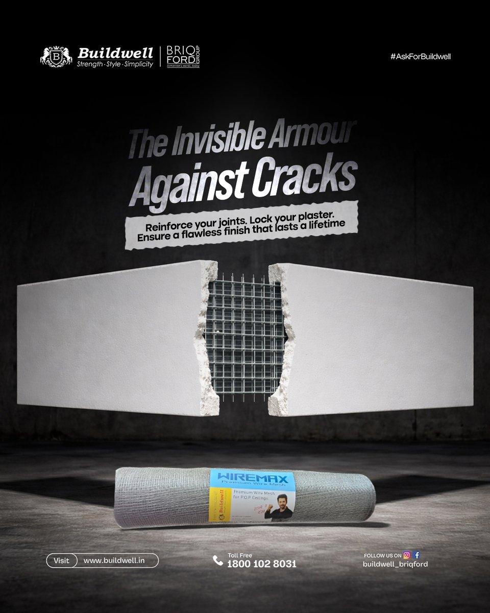 buildwell_india's tweet image. Cracks start small… but the damage grows.

Buildwell Wire Mesh acts like invisible armour —
locking joints, reinforcing plaster, and protecting your ceiling for years.
Strong inside. Smooth outside.

#Buildwell #WireMesh #CrackProtection #CeilingStrength #AskForBuildwell