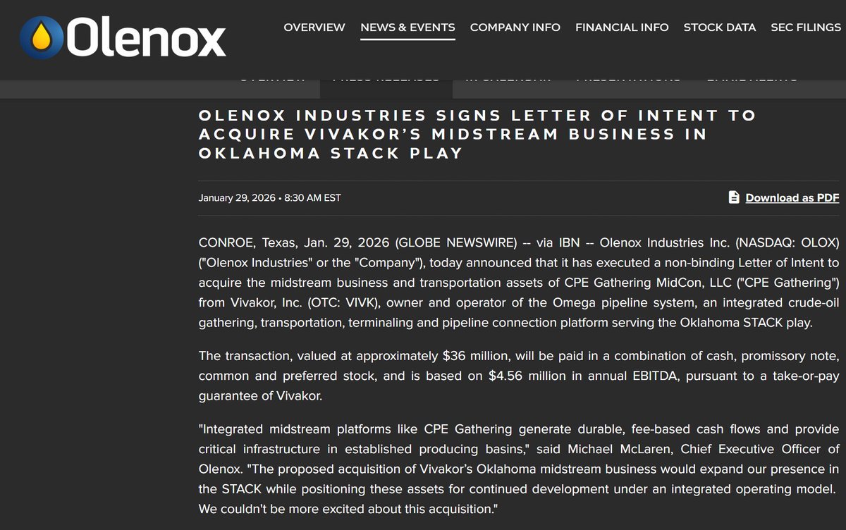 CrusaderStocks's tweet photo. $OLOX @Olenoxinc is acquiring assets in Oklahoma from VIVAKOR and has plans on generally expanding total operations in more states in the future. This deal is in full throttle and will likely be finalized within the month. It’s a BUY for me. #olox #nasdaq @jctb1
#OLOX
@olenoxinc
#OIL #PROFITS $DJT #DJT $XOM $CVX $SHEL $BP $COP $DVN