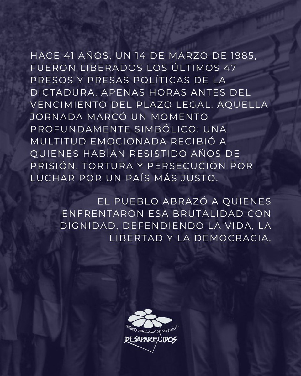 famidesa's tweet photo. ✊El 14 de marzo recordamos la liberación de los últimos presos y presas políticas de la dictadura. Un día que simboliza la resistencia, la dignidad y la lucha por la libertad.

@Crysol8 https://t.co/xwjbom9FYb
