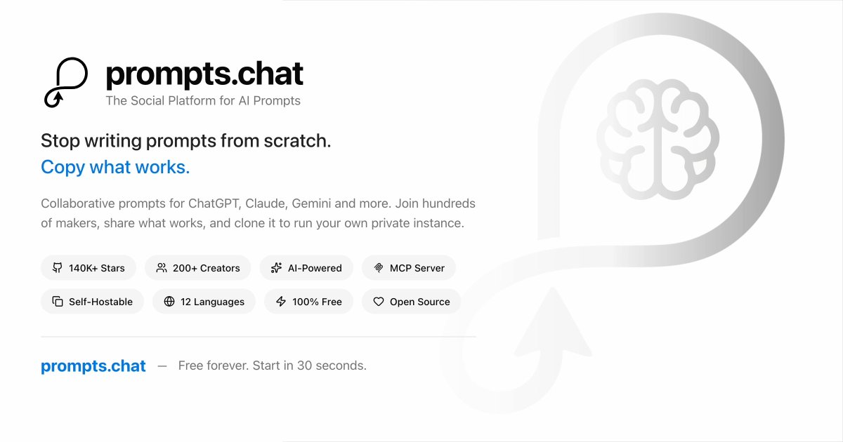 Nas_tech_AI's tweet photo. 🚨BREAKING: Someone built the world’s largest open-source prompt library for ChatGPT, Claude, and Gemini and put every single prompt in the public domain.

Here’s what it does:
→ Transform ChatGPT into a senior software engineer, career coach, or cybersecurity auditor
→ Make Claude your personal financial advisor or screenplay writer
→ Browse hundreds of expert prompts by category, or via AI-powered semantic search
→ Create, share, and vote on prompts through the PromptMasters leaderboard
→ Keep your best prompts private your secret weapons stay hidden
→ Version control for prompts, like GitHub PRs
→ Works as an MCP server inside Claude Code and Cursor
→ Self-host for your company with custom branding and auth
→ Includes a free 25+ chapter interactive prompt engineering course

Referenced by Harvard and Columbia. Loved by the OpenAI co-founders. Featured in Forbes.

152,000 GitHub stars.

Every prompt is CC0 licensed. Public domain. Zero restrictions. Use them for anything.

Repost for others to learn !!!