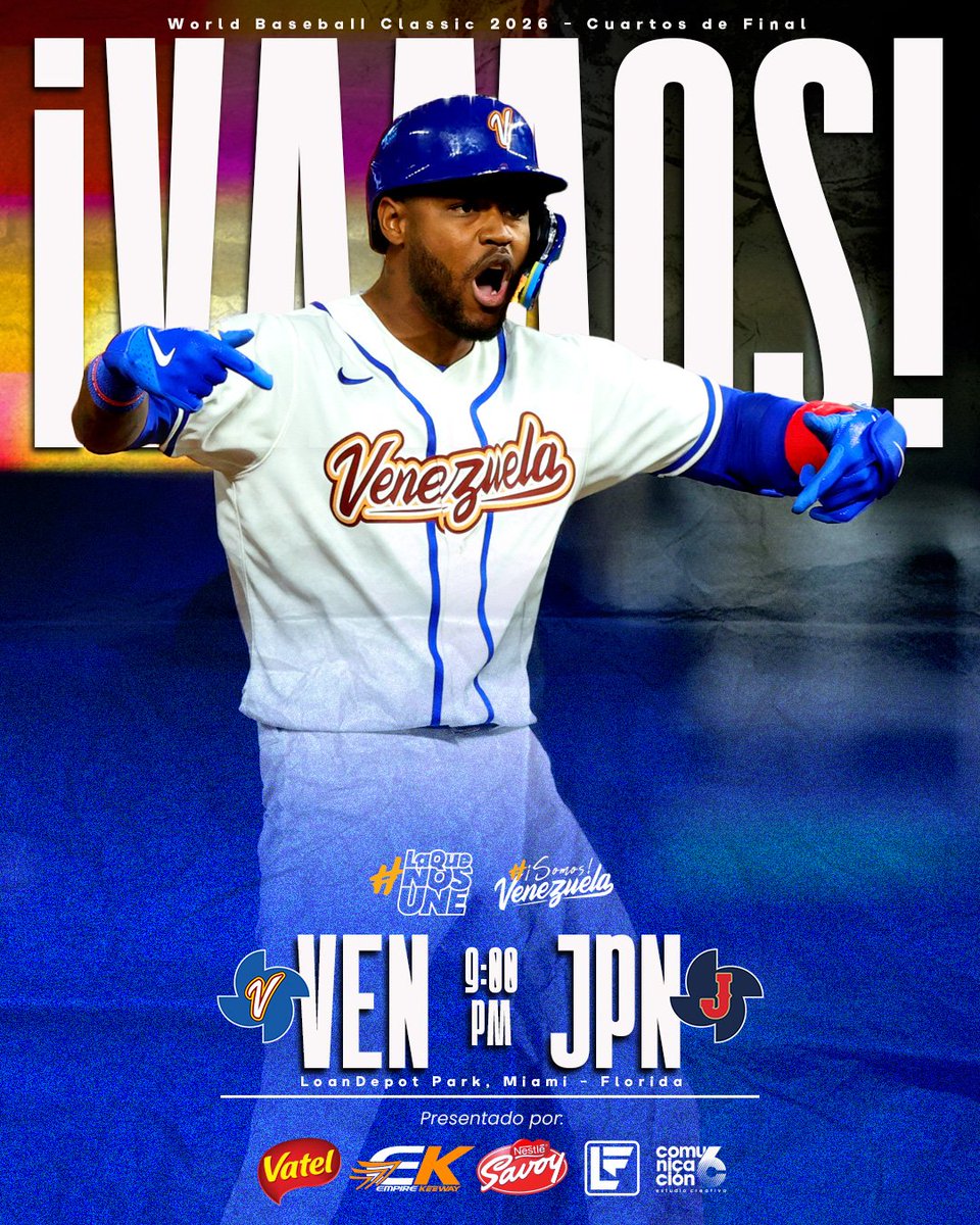 #WorldBaseballCassic ⚾️
#ClasicoMundialdeBeisbol ⚾️

Hoy en Cuartos de Final nuestro #TeamBeisbolVenezuela 🇻🇪 en el Clásico Mundial, ante Japón 🇯🇵 a las 09:00 pm 🔥⚾️

VAMOS! 🇻🇪

💻 fevebeisbol.org

#SomosVenezuela #LaQueNosUne