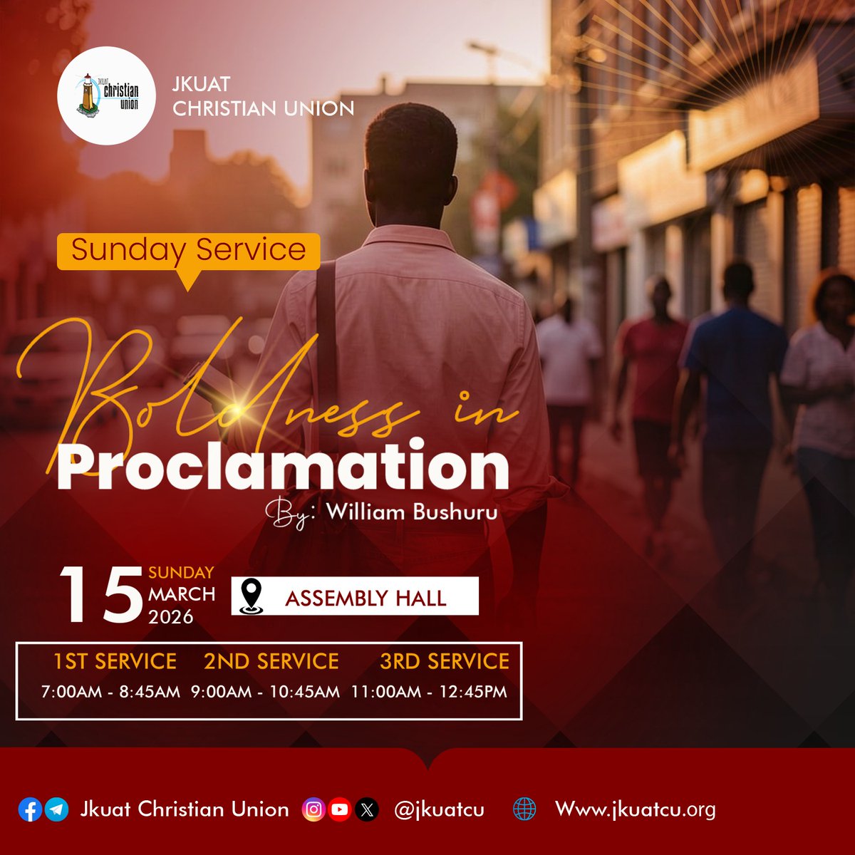JKUATCU's tweet photo. Hello brothers and sisters! ☀️
This Sunday, let’s gather for a powerful time in God’s presence in the Sunday Service 🙏

 *Theme* : Boldness in Proclamation
 *Speaker:* William Bushuru
 *Date:* Sunday, 15th March 2026
 *Venue:* Assembly Hall https://t.co/B7CR5A19R5