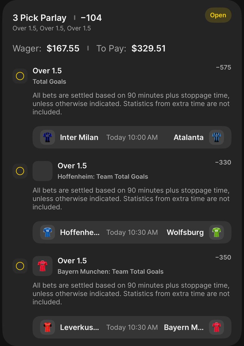 ProfitPickz's tweet image. 🪜 LADDER CHALLENGE – STAGE 2

Stage 1 ✅
We keep climbing.

💰 $167.55 ➝ $329.51

⚽ Inter Milan / Atalanta OV 1.5
⚽ Hoffenheim OV 1.5 TT
⚽ Bayern Munich OV 1.5 TT

Morning soccer ladder. Let’s cook. 🍳📈

#GamblingX #SoccerPicks #BettingTwitter