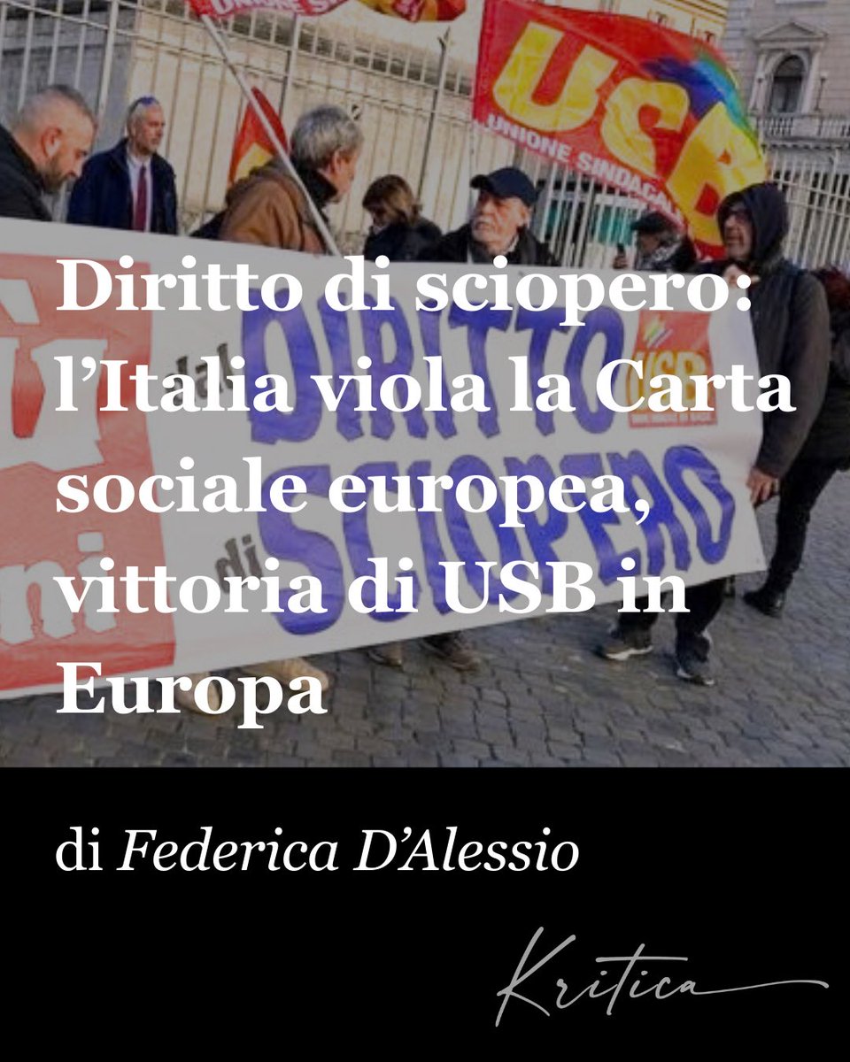 L’importante vittoria di <a href="/usbsindacato/">USB Sindacato</a> in Europa: il Comitato dei diritti sociali riconosce che il diritto di sciopero in Italia subisce limitazioni illegittime. “Ora vogliamo una nuova legge”.  

kritica.it/lavoro/diritto…

<a href="/federdale/">Federica D'Alessio</a>