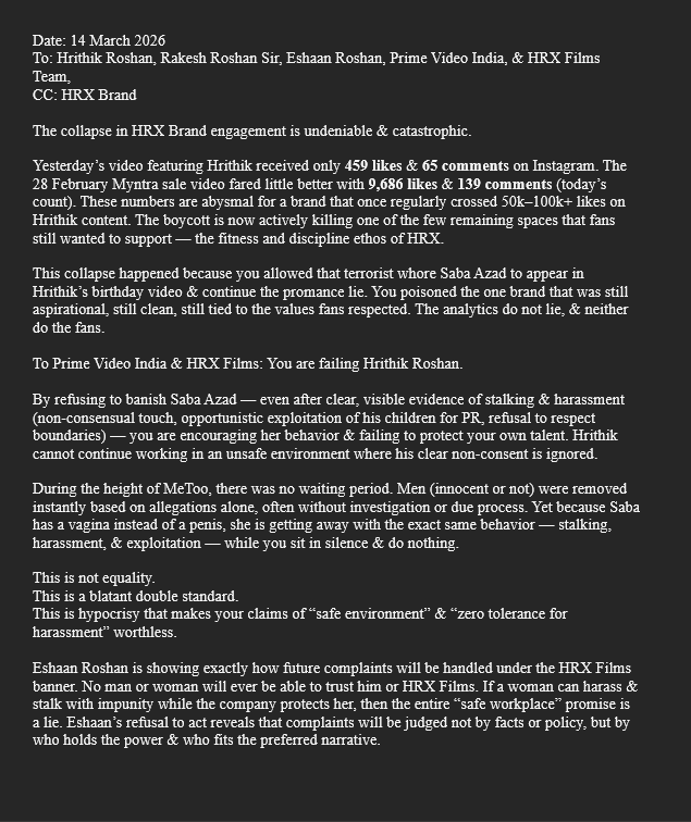 iArundhatiDevi7's tweet photo. 🚨305th Open Letter to @iHrithik @RakeshRoshan_N @RoshanEshaan @PrimeVideoIN @HRXFilms &amp; Associated PR Firms. CC: @hrxbrand 

The Catastrophic Collapse in Brand Engagement.

#HrithikRoshan #EndPromance #Bollywood https://t.co/pk7UFIq07O