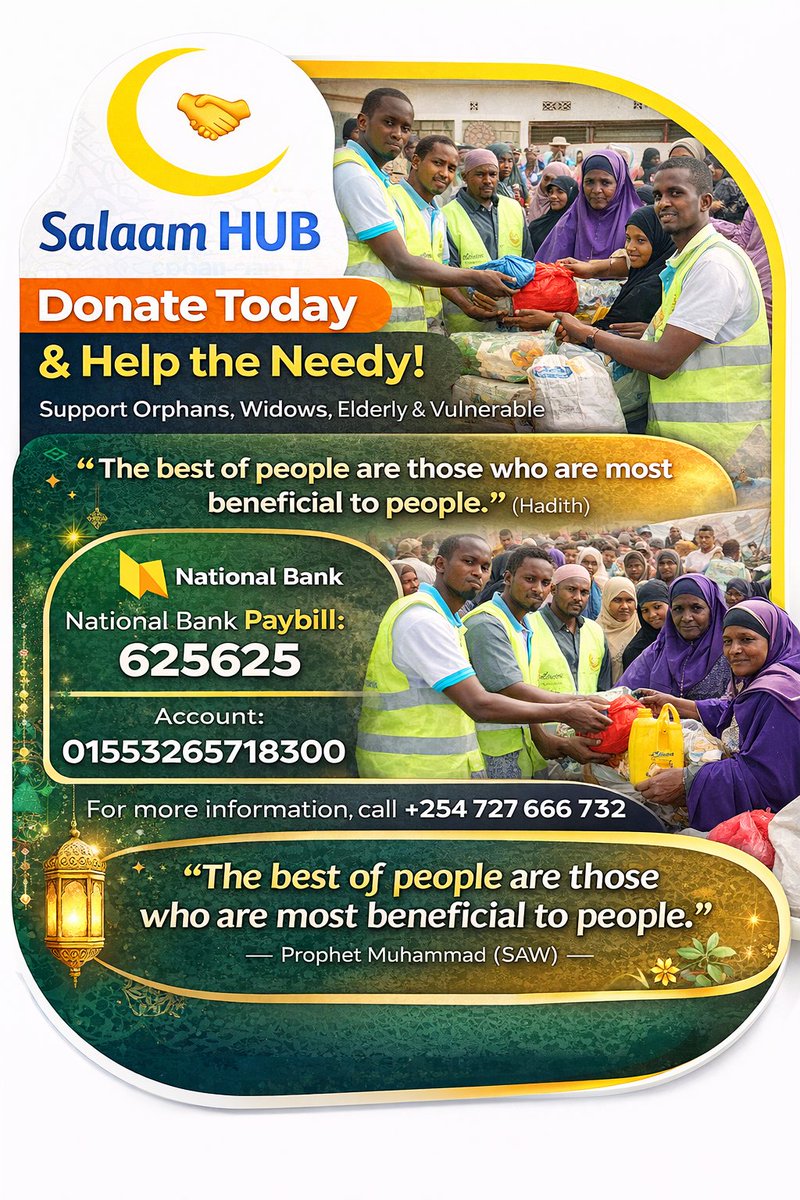 💛 Donate &amp; Make a Difference!
Support the needy, orphans, widows, poor, vulnerable &amp; elderly today. Every little bit counts! 🙌
📲 Paybill: 625625 | Account: 01553265718300
For info: +254727666732
#GiveBack #Charity #SupportTheNeedy #Orphans #Widows #HelpTheVulnerable #Islamic