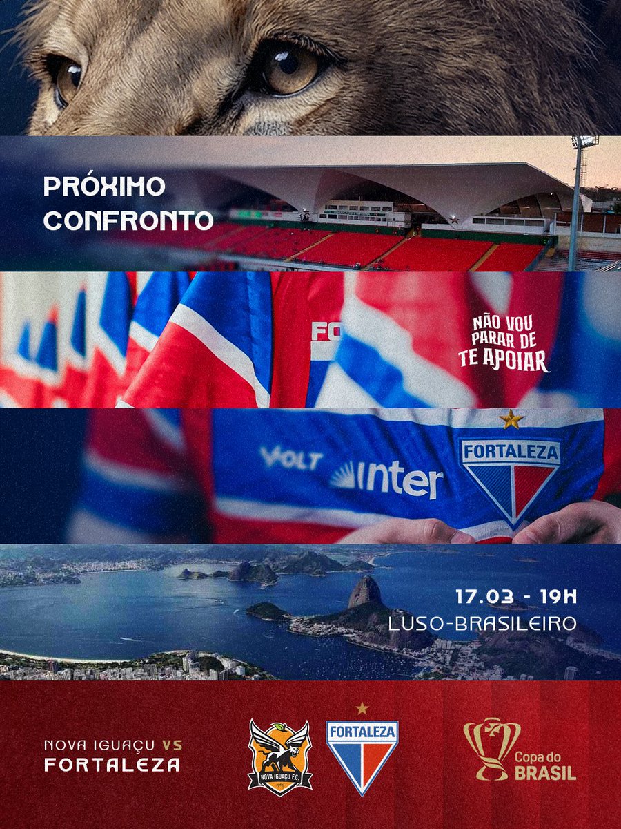 FortalezaEC's tweet photo. PRA CIMA, LEÃO! 👊🦁

Nosso próximo compromisso será terça-feira (17), diante do Nova Iguaçu, no estádio Luso-Brasileiro, pela quarta fase da Copa do Brasil 2026.
 
📅 17/03
⌚ 19h

#FortalezaEC #CopaDoBrasil2026 https://t.co/XQqu2kUqZ7