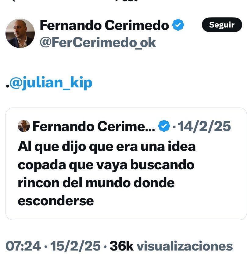 ESCONDERSE POR $LIBRA

En la temprana noche del 14 de febrero de 2025, Fernando Cerimedo lanzó la advertencia: "Al que dijo que era una idea copada que vaya buscando rincón del mundo donde esconderse".

Lo posteó algunas horas antes de que <a href="/JMilei/">Javier Milei</a> eliminara el texto de la