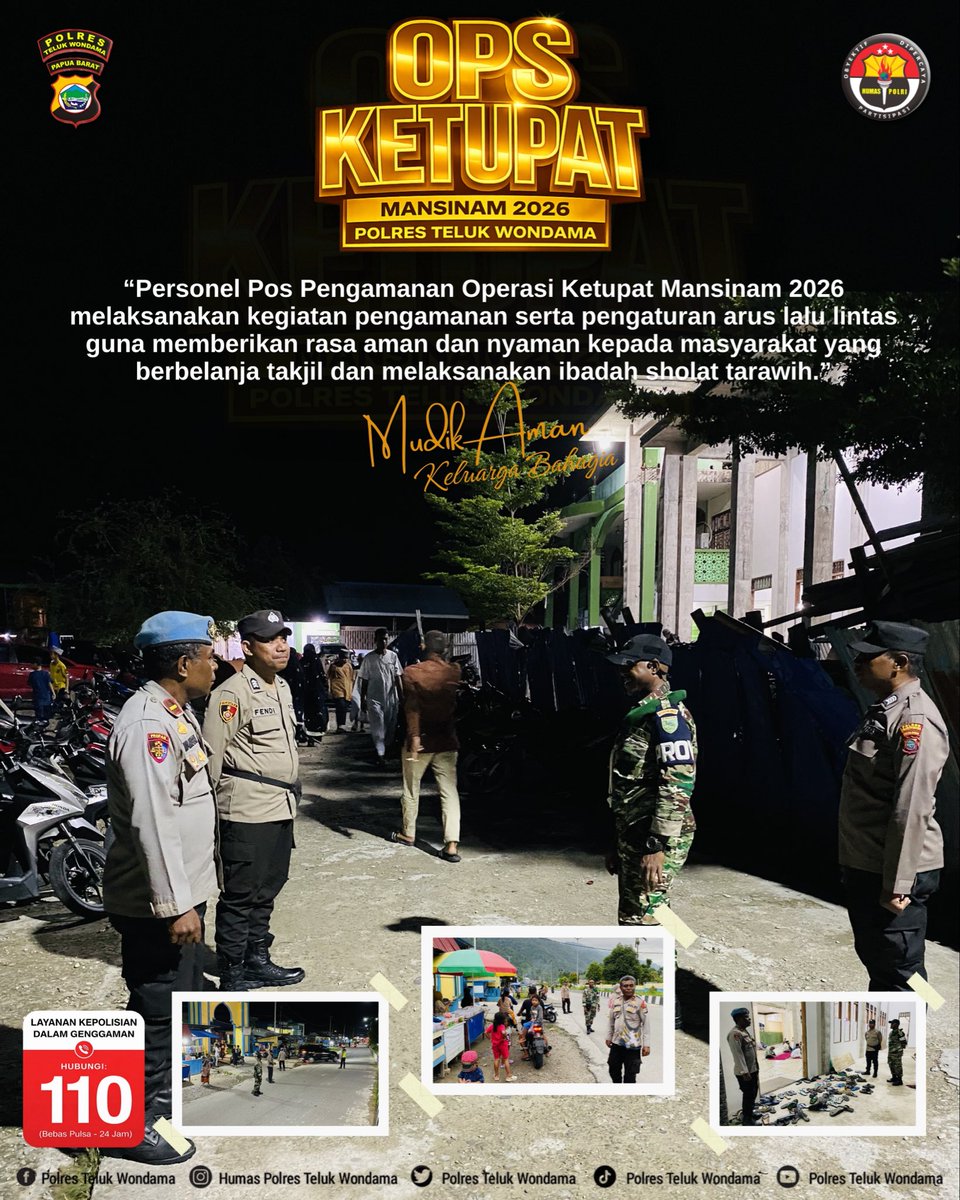 PolresTW's tweet photo. “Personel Pos Pengamanan Operasi Ketupat Mansinam 2026 melaksanakan pengamanan serta pengaturan arus lalu lintas

#polriuntukmasyarakat
#polrihumanis
#polripresisi 
@38setia_akpol2006  
@polda_papuabarat 
@divisihumaspolri 
@listyosigitprabowo 
@prabowo https://t.co/SIAreelrE7