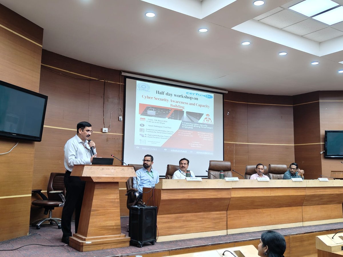 ccrhindia's tweet photo. Central Council for Research in Homoeopathy organized a half-day workshop on Cyber Security awareness and capacity building on March 13, 2026 under the guidance of Dr. Subhash Kaushik, Director General. 

Dr. Sunil Ramteke, DDG and Dr. K. C. Muraleedharan, AD(H)/Admn Incharge,  were also present during the session.

Mr. Sujeet Parashar, Scientist-C, CERT-In, Ministry of Electronics and Information Technology and Mr. Raghvendra Sharma, Project Manager, CDAC were the invited experts for the workshop. 

They equipped the participants with the essential skills to navigate digital threats, strengthen data security and build resilience in increasingly connected world.
This workshop was coordinated by Dr.Deepti Singh, Research Officer/Scientist-2, CCRH hqrs. 
#CYBERSECURITY #CyberJagrook #Secure #Workshop